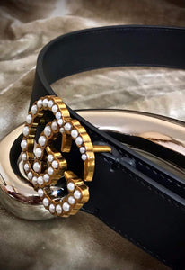 Cinturón Gucci para mujer, negro , con hebilla dorada y perlas, cinturón de cuero sintético para jeans, vestidos o faldas